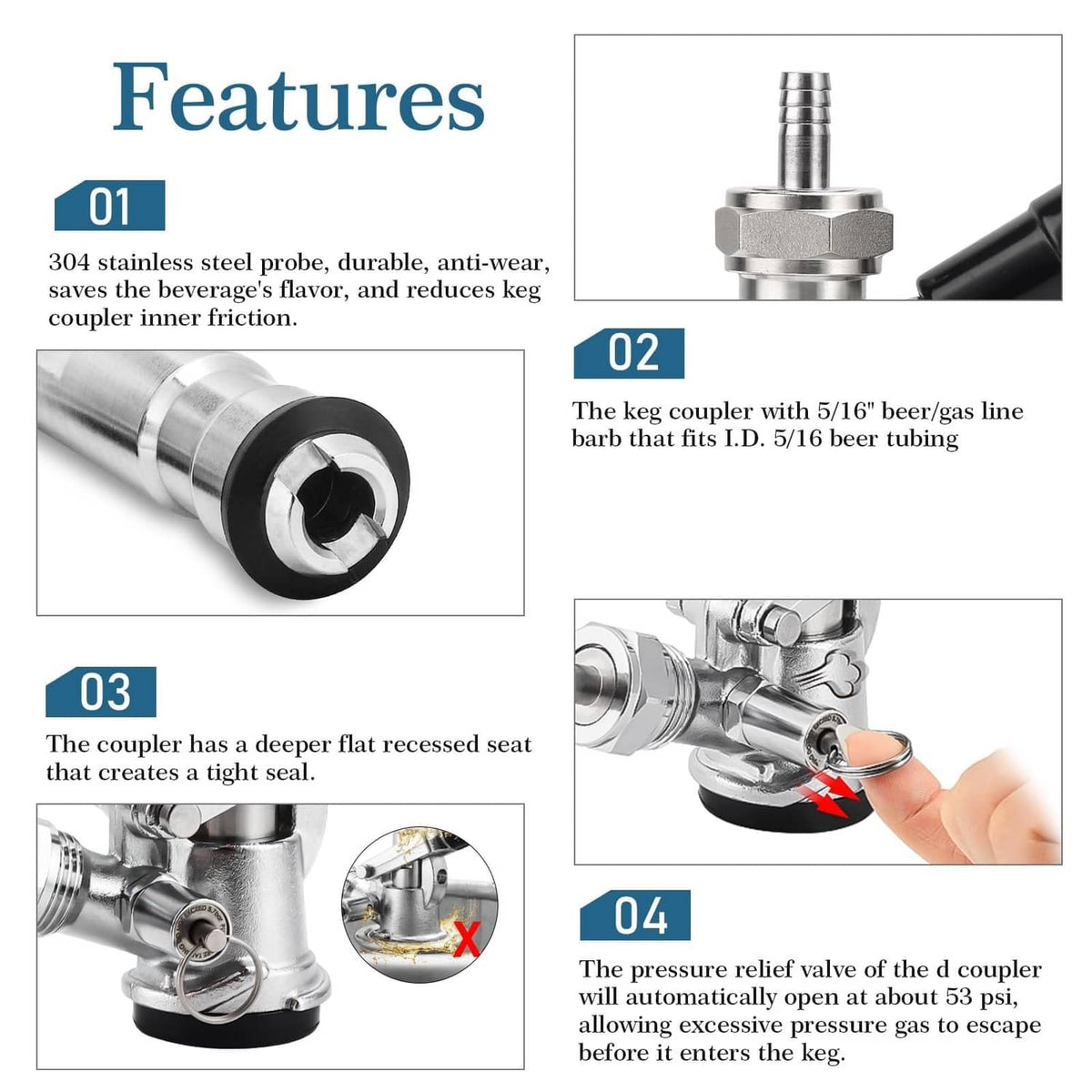 Stainless keg coupler D system with recessed seat and threaded probe end detail