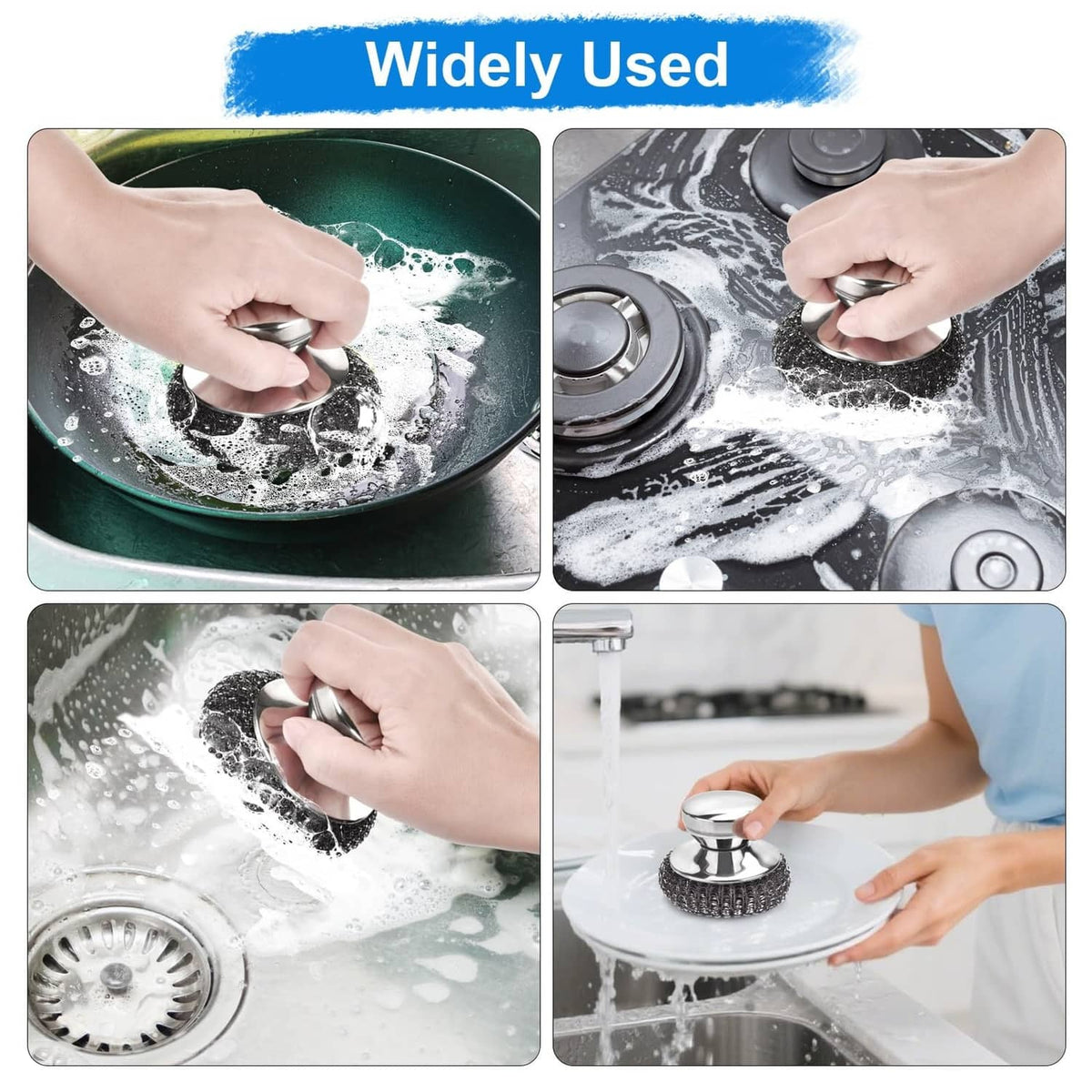 Stainless steel wool scrubber pad being used on cookware with cleaning foam
