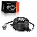 Black radiator fan motor with mounting base, wiring harness, and connector plug