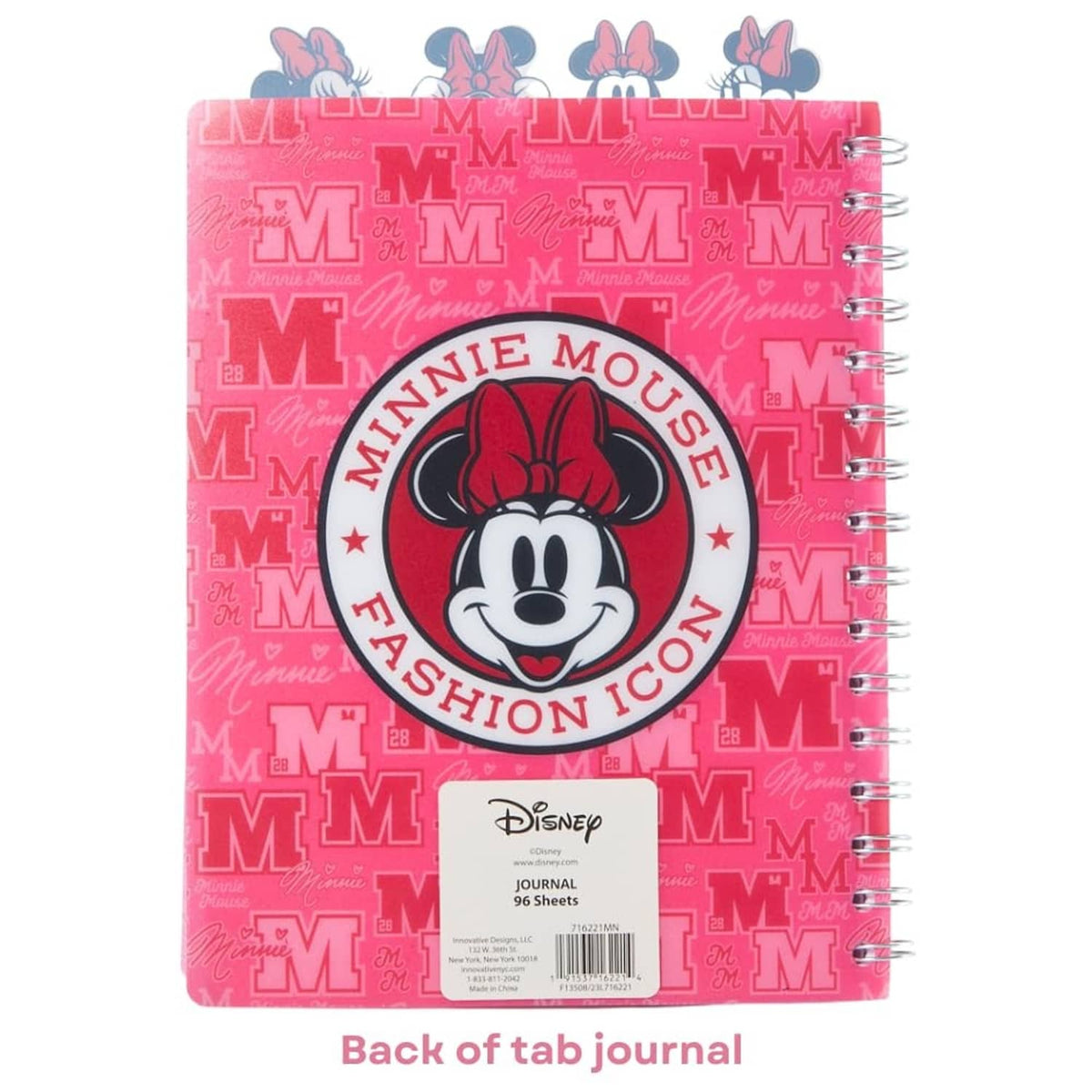 Minnie Mouse spiral notebook back cover with pink vinyl design and Fashion Icon logo.