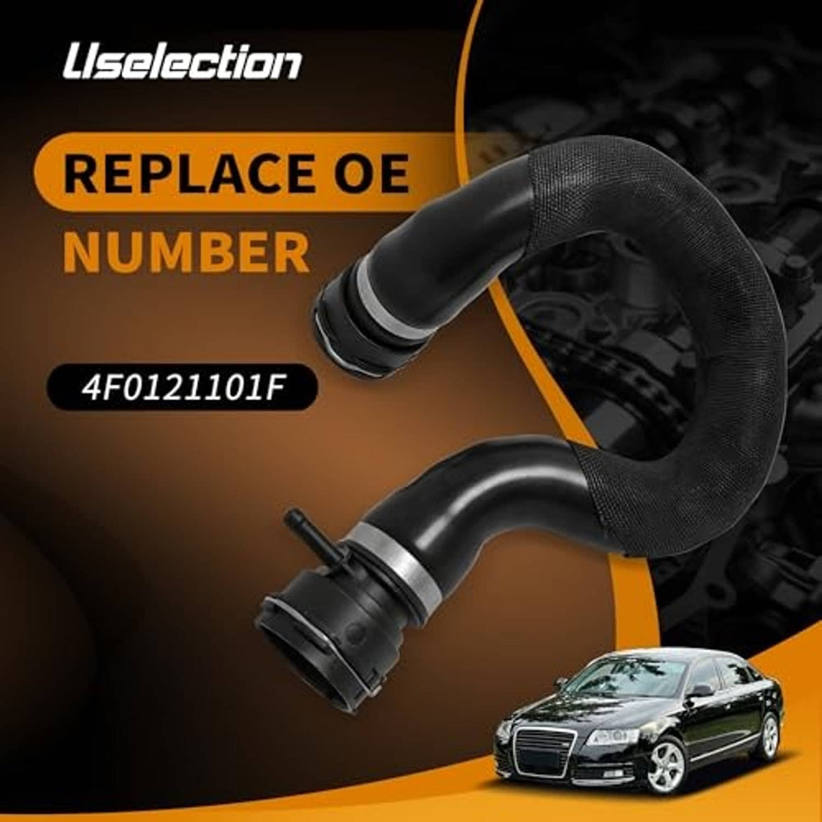 Black radiator coolant hose assembly with two connector ends and curved midsection.