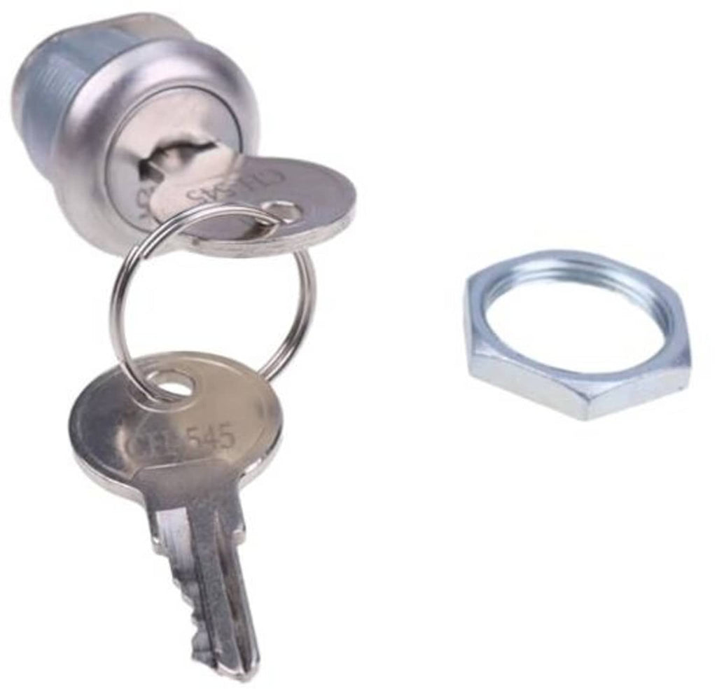 Metal lock cylinder and two keys with key ring, plus hex mounting nut