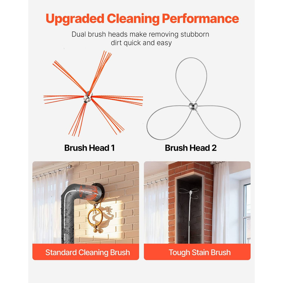 Dual chimney brush heads with split bristle pattern for quick soot and dirt removal