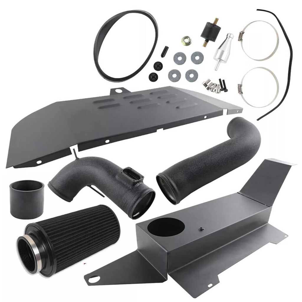 Cold air intake kit assembled components: filter, intake pipes, brackets, and heat shields