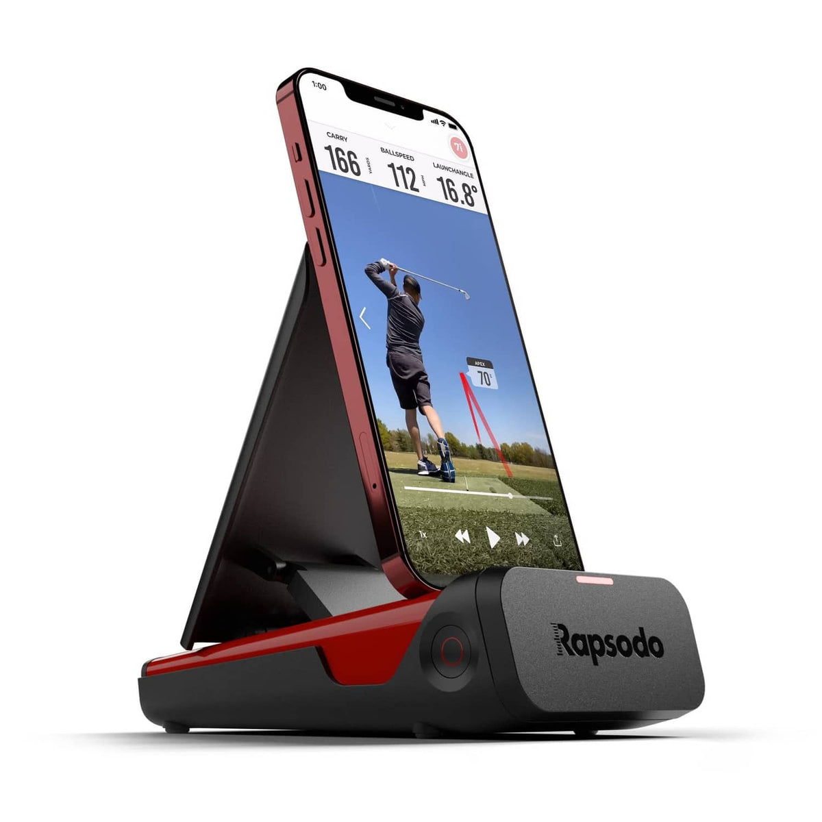Black and red mobile golf launch monitor with phone display on an angled stand