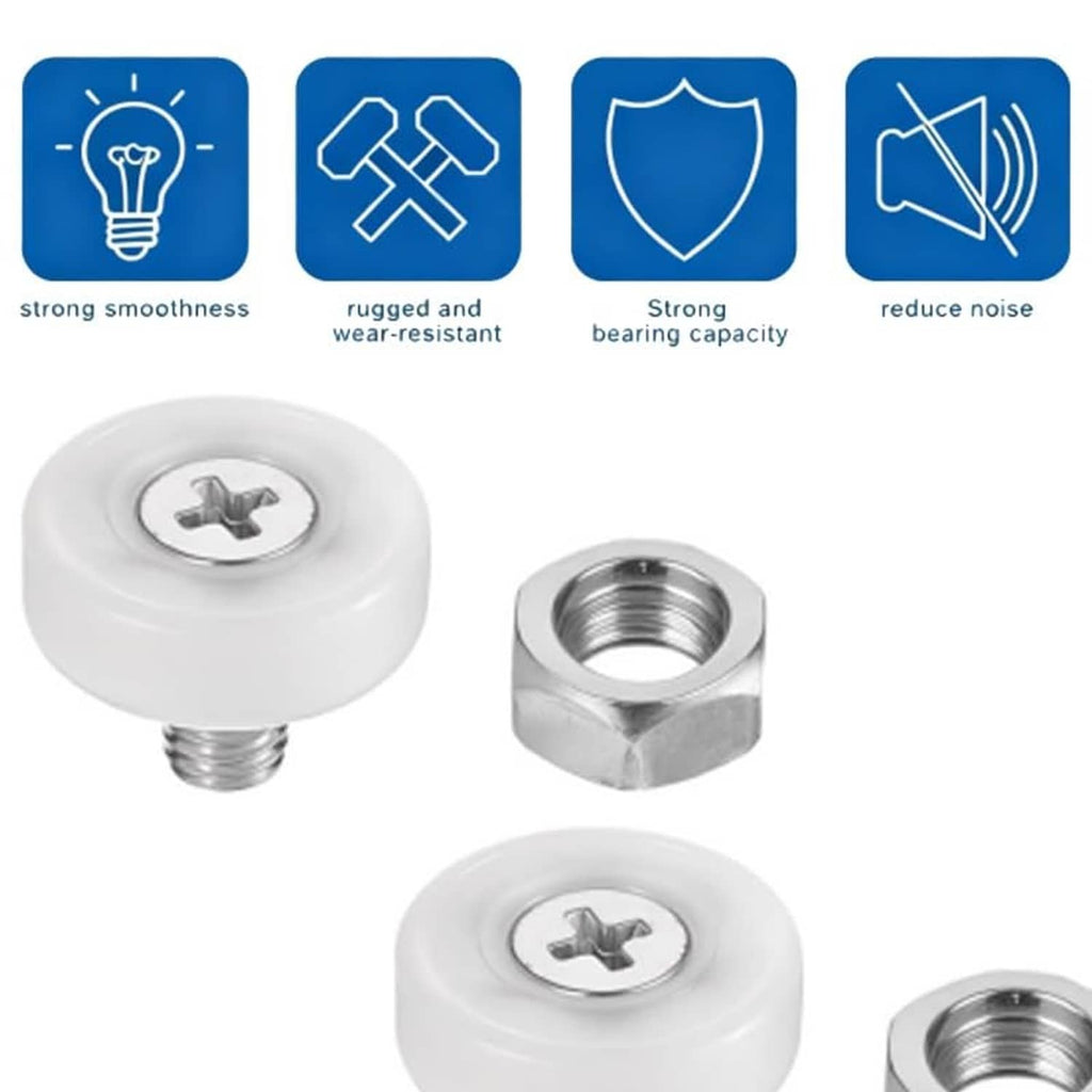White plastic drawer roller wheels and chrome mounting nuts, close-up