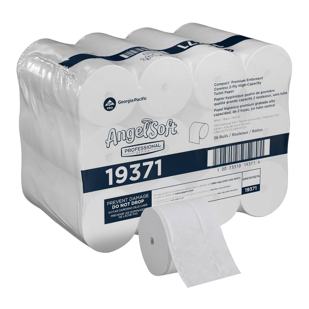 Compact coreless 2-ply embossed toilet paper bundle, white rolls in plastic wrap.