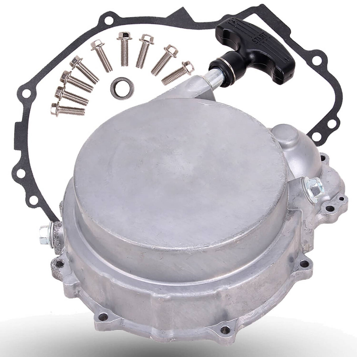 Recoil starter pull start housing with silver cover, black handle, gasket, and screw set