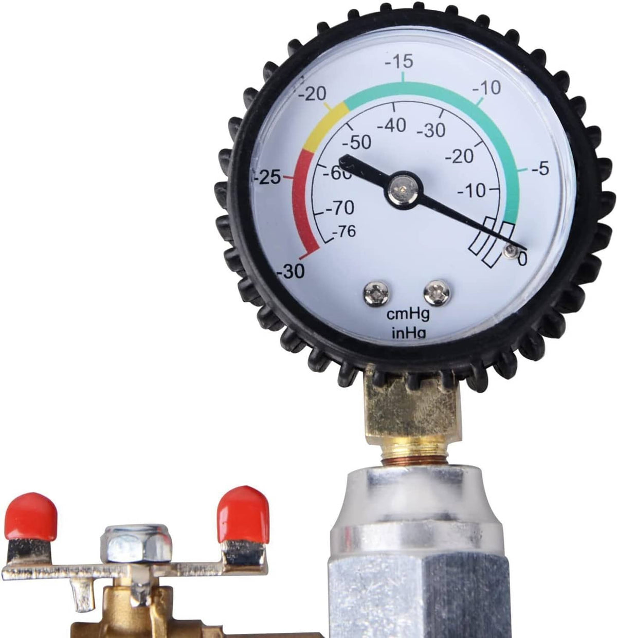 Vacuum pressure gauge with brass fitting and hose adapters, cmHg scale