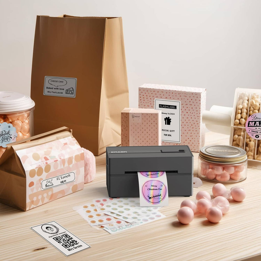 Thermal label printer printing on circular label between shipping boxes and packages