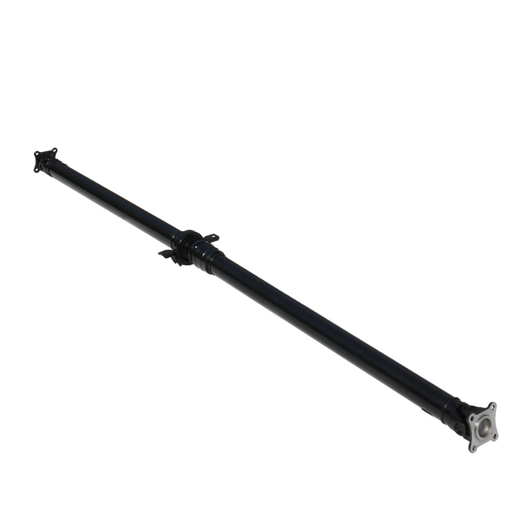 Rear driveshaft prop shaft, black tube with center coupling and end flange.