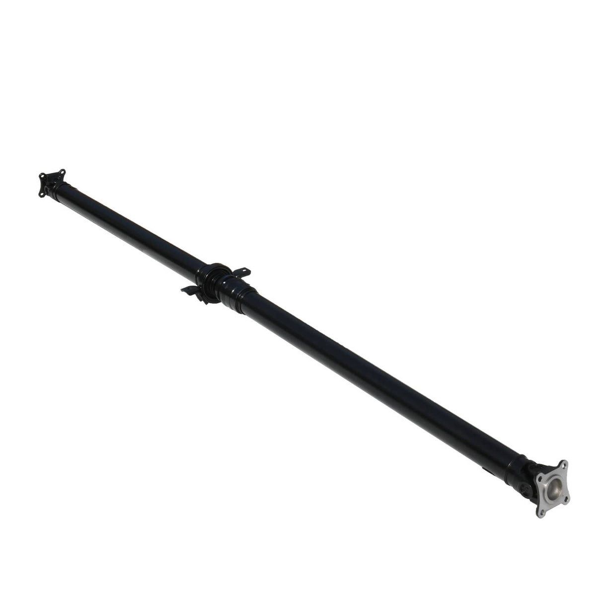 Rear driveshaft prop shaft, black tube with center coupling and end flange.