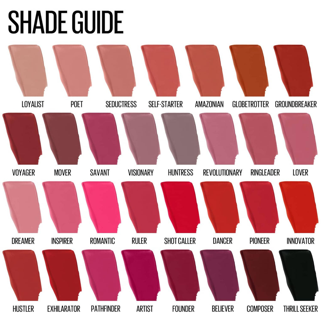 Matte liquid lipstick shade guide with multiple swatches