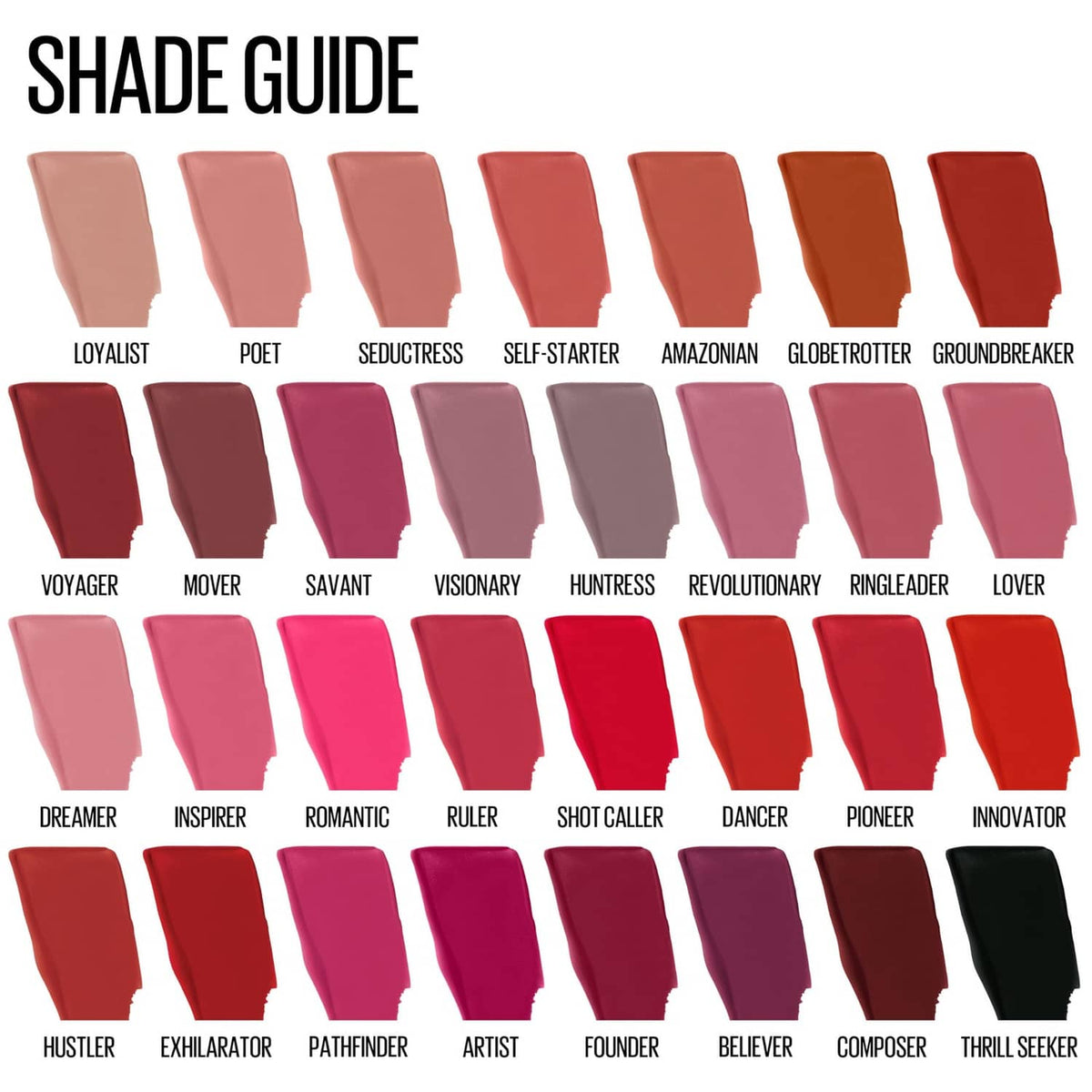 Matte liquid lipstick shade guide with multiple swatches