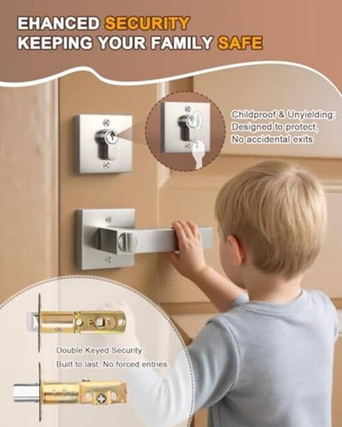 Brushed nickel keyed entry lever deadbolt mounted on door with lock cylinder