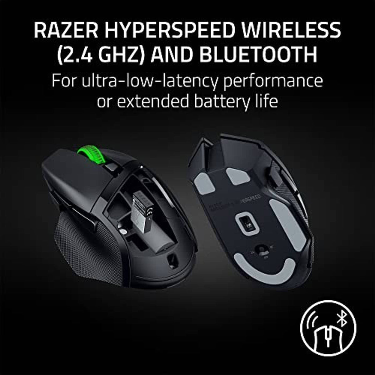 Wireless gaming mouse with green accent LED and detached underside panel shown