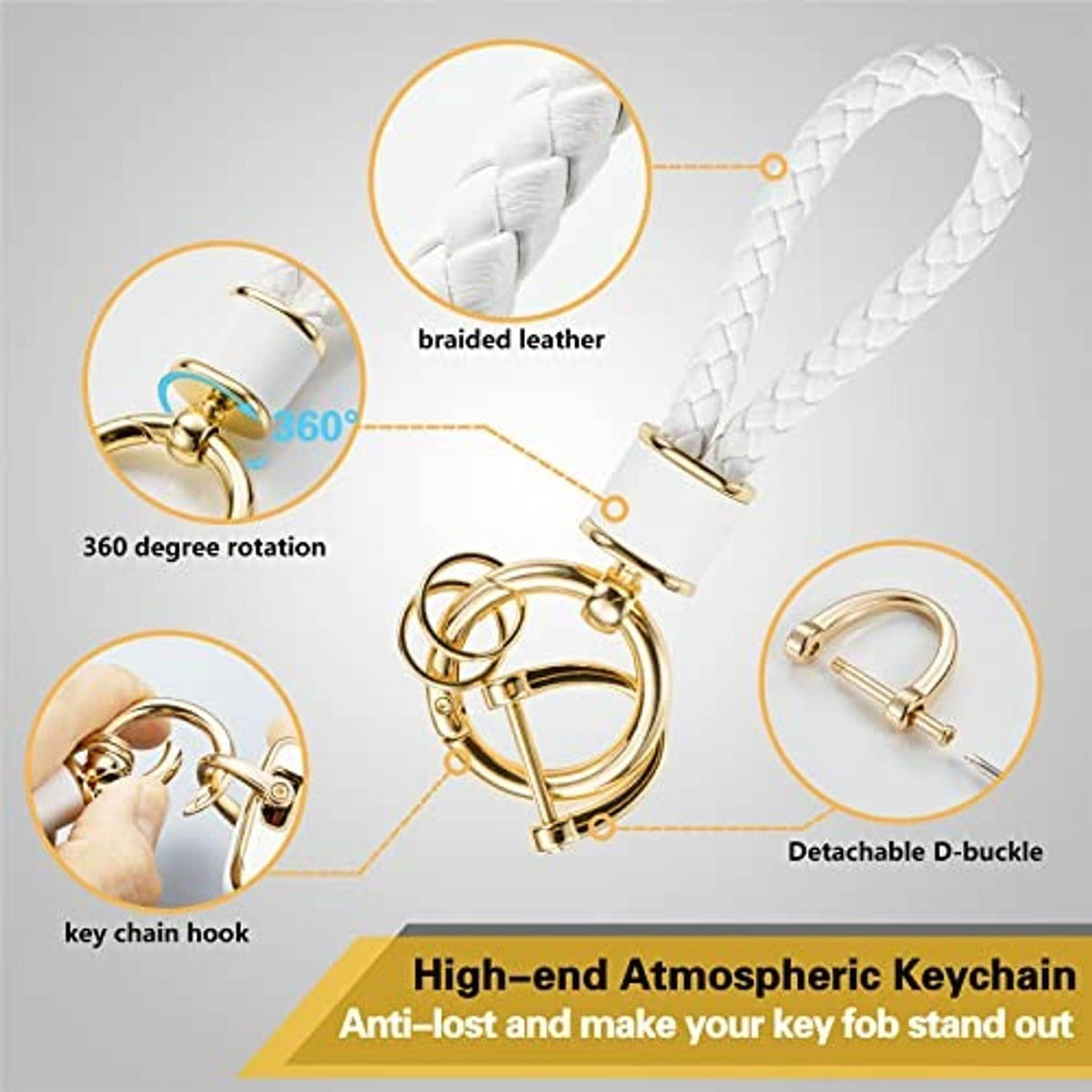 White braided leather keychain strap with gold hardware for a key fob cover
