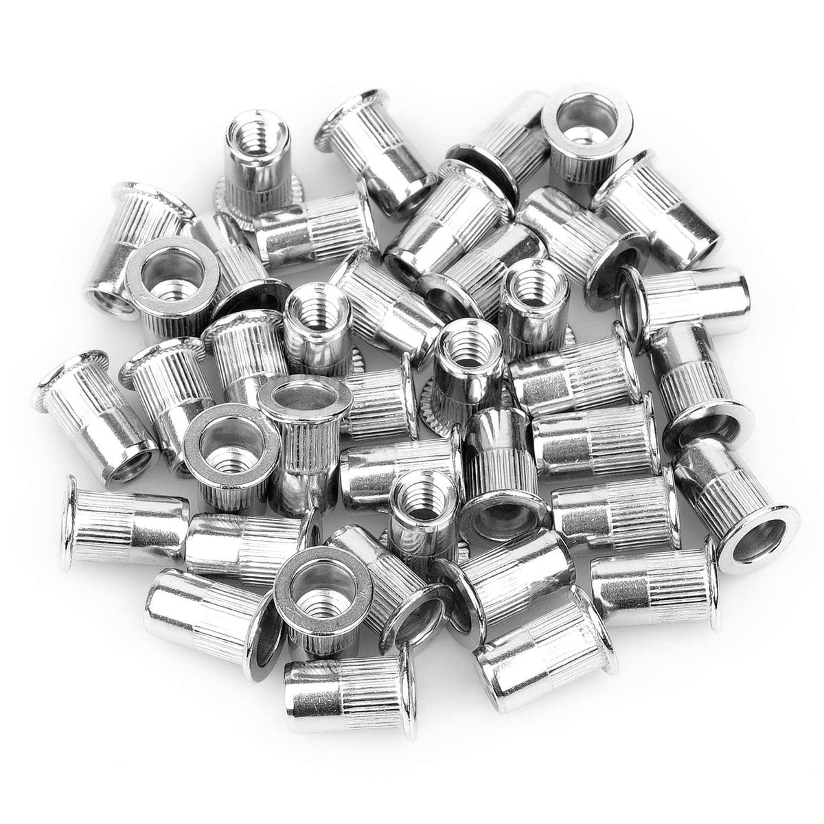 Assorted stainless steel 1/4"-20 rivet nuts with knurled grip, 40-pack