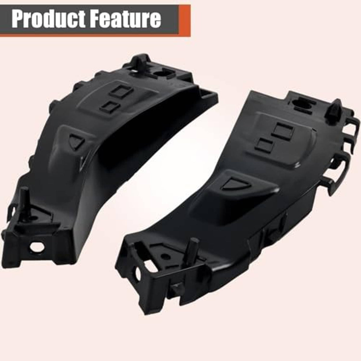Black plastic front bumper side support brackets, left and right, with mounting tabs