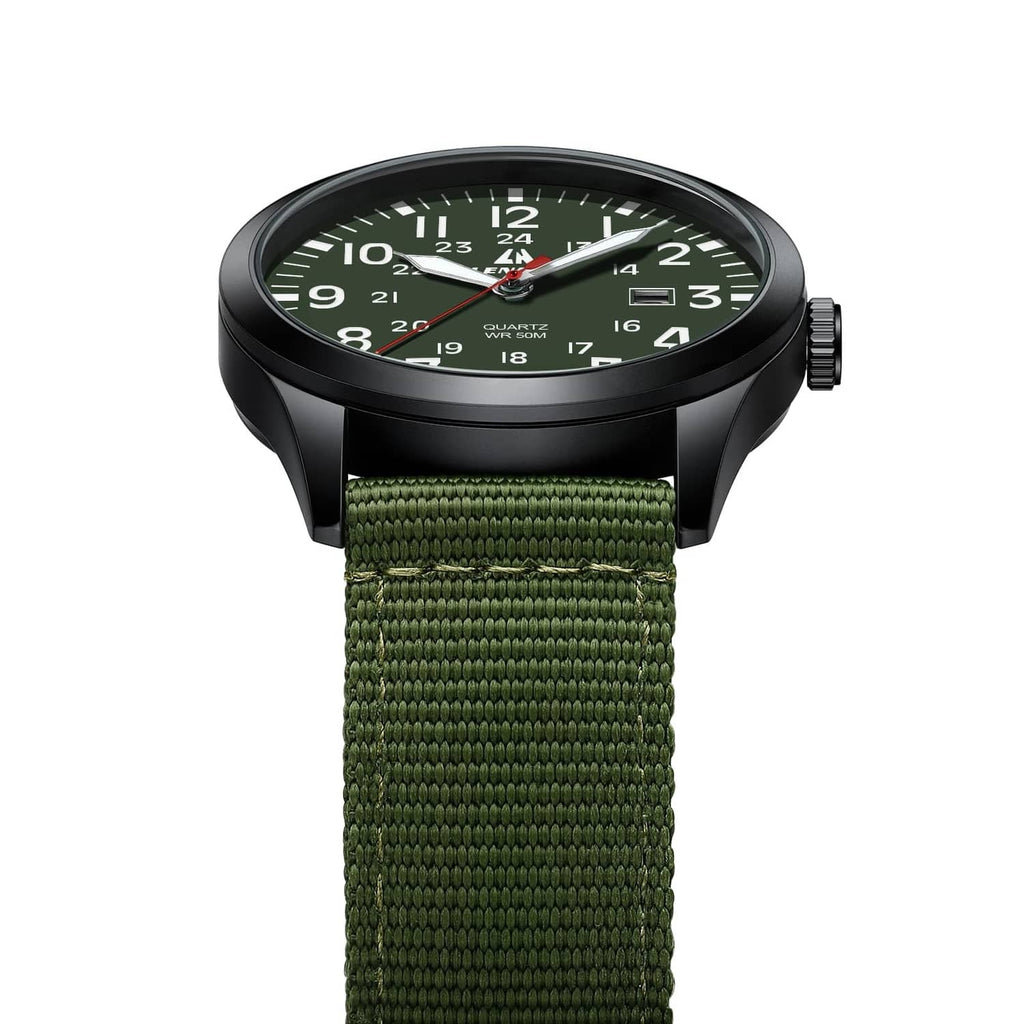 Men's military sport analog watch with green dial, black watch case, green woven strap
