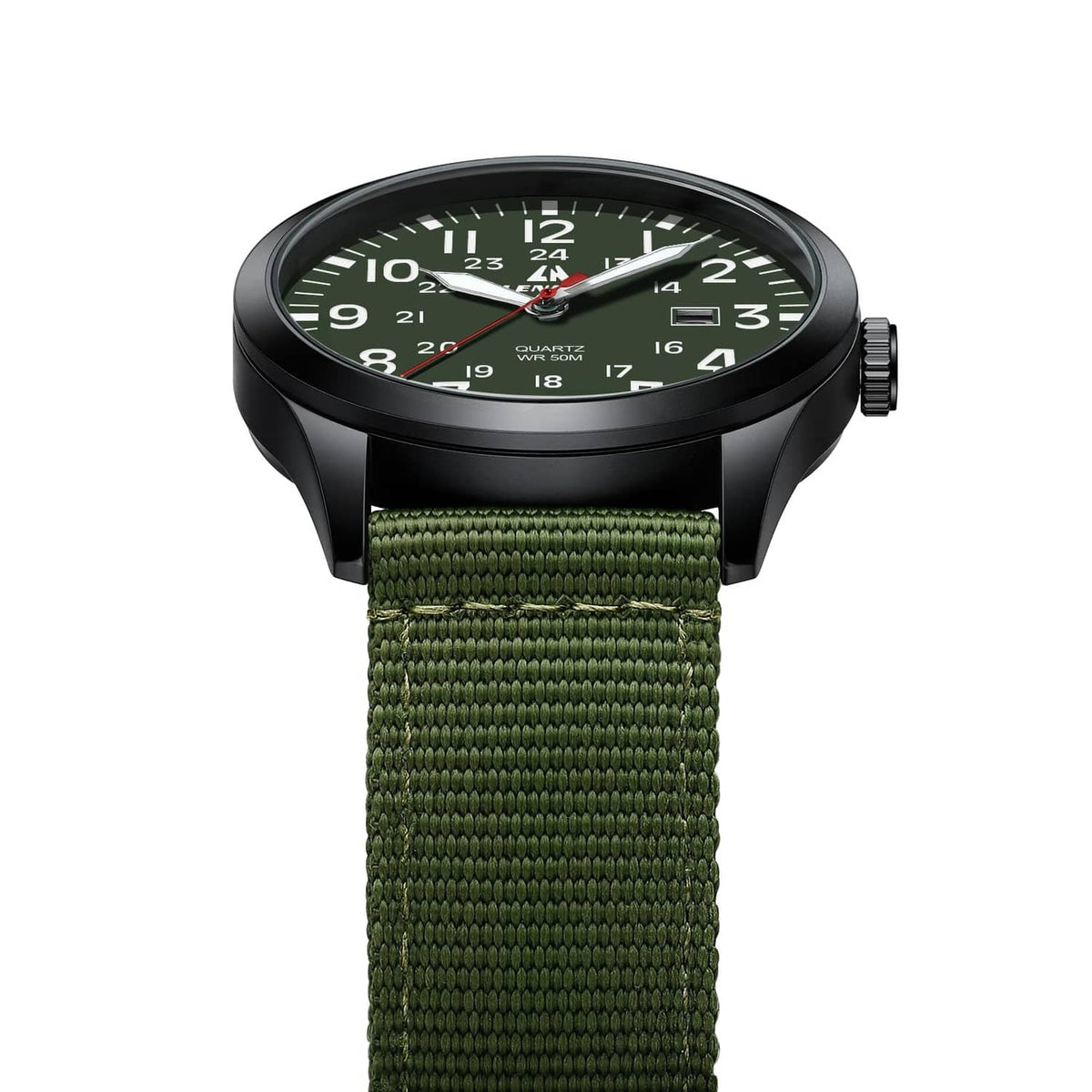 Men's military sport analog watch with green dial, black watch case, green woven strap