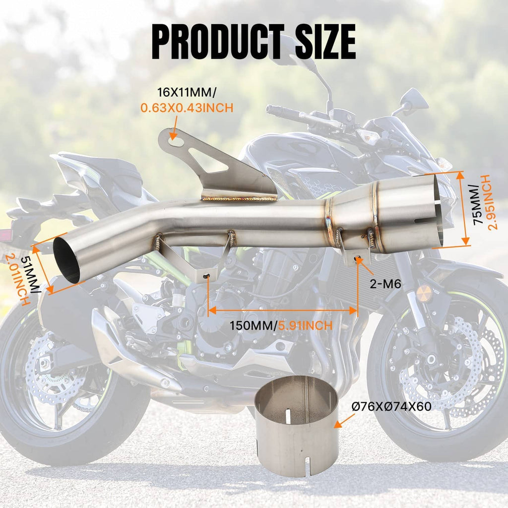 Stainless mid link exhaust pipe with end sleeve and mounting points; size chart overlay