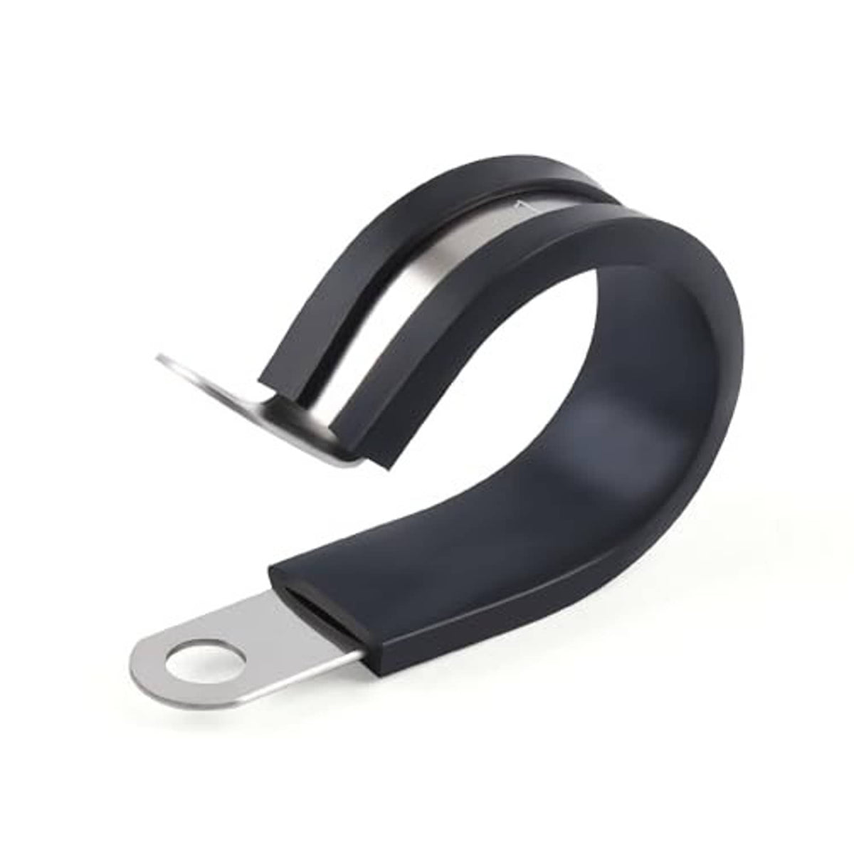 1-inch stainless steel cable clamp with black rubber lining and round mounting hole