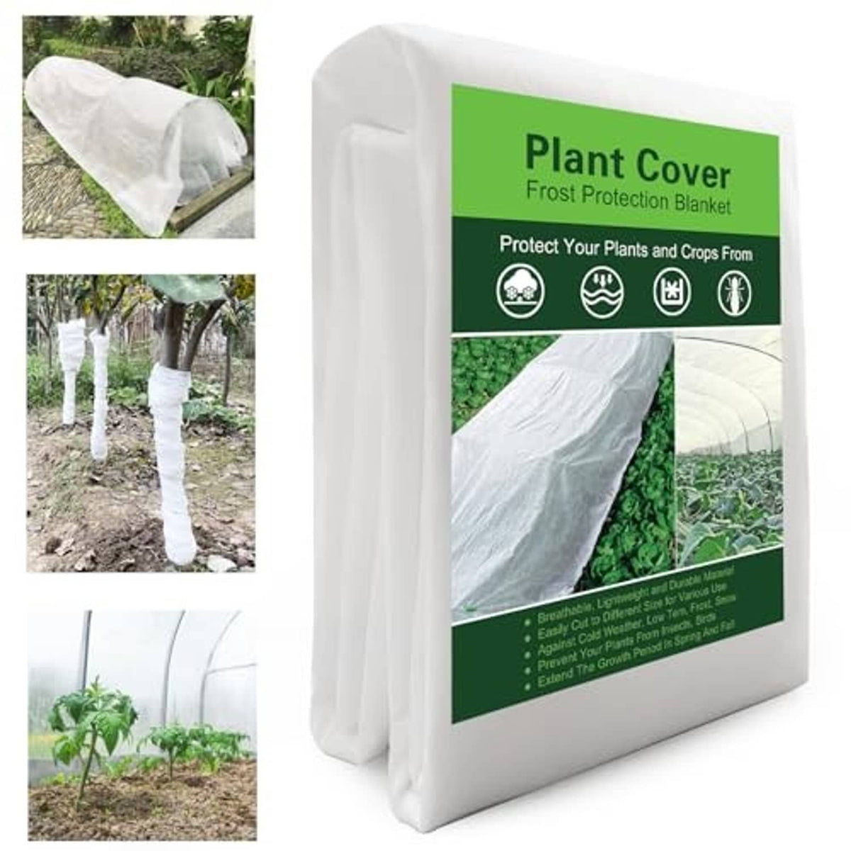 Plant freeze protection blanket package, white folded cover with green label panel