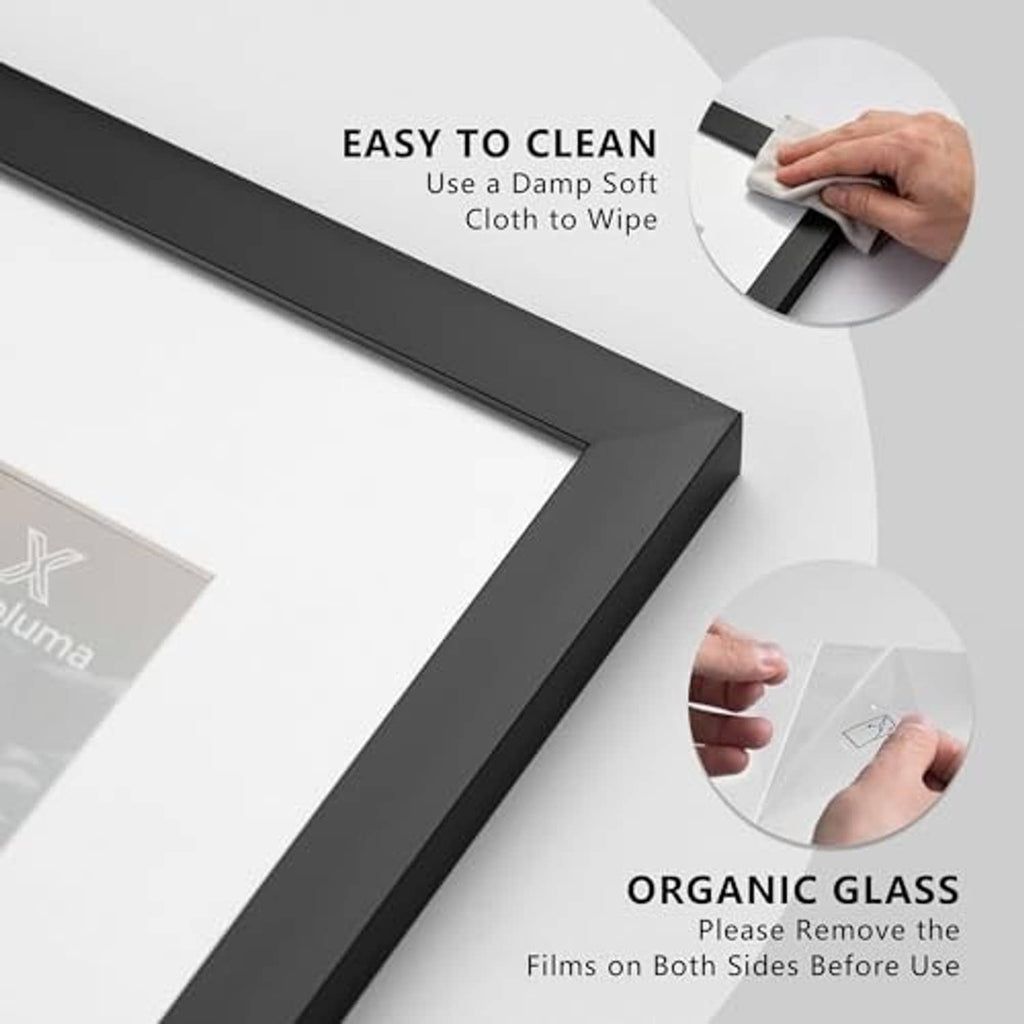 Black picture frame with clear organic glass, wipe clean with a damp cloth.