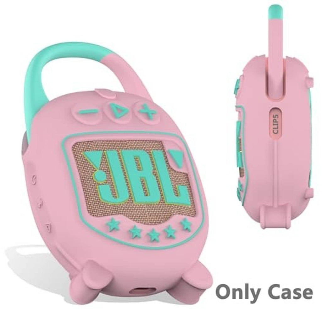 Pink and teal speaker case with open front window and side buttons; only case shown.