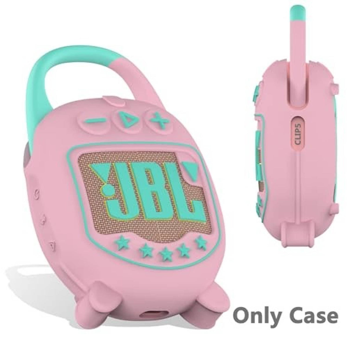 Pink and teal speaker case with open front window and side buttons; only case shown.