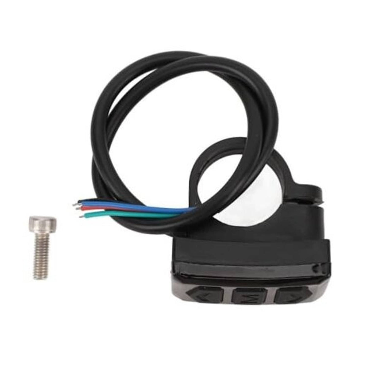 Black e-bike handlebar switch control unit with wire harness and four buttons