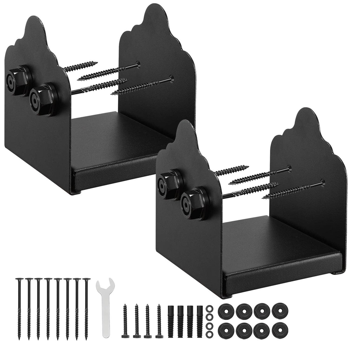 Black steel fence post base bracket pair with included screws, washers, and expansion bolts