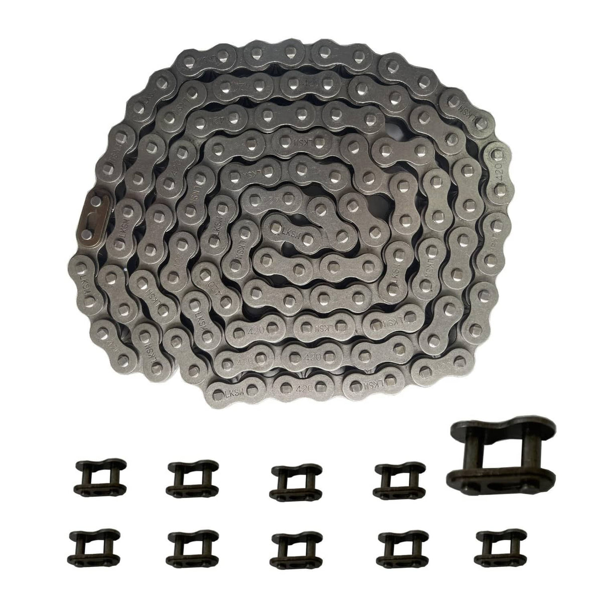 Motorcycle drive chain (132 links) with silver-gray links and connector clips