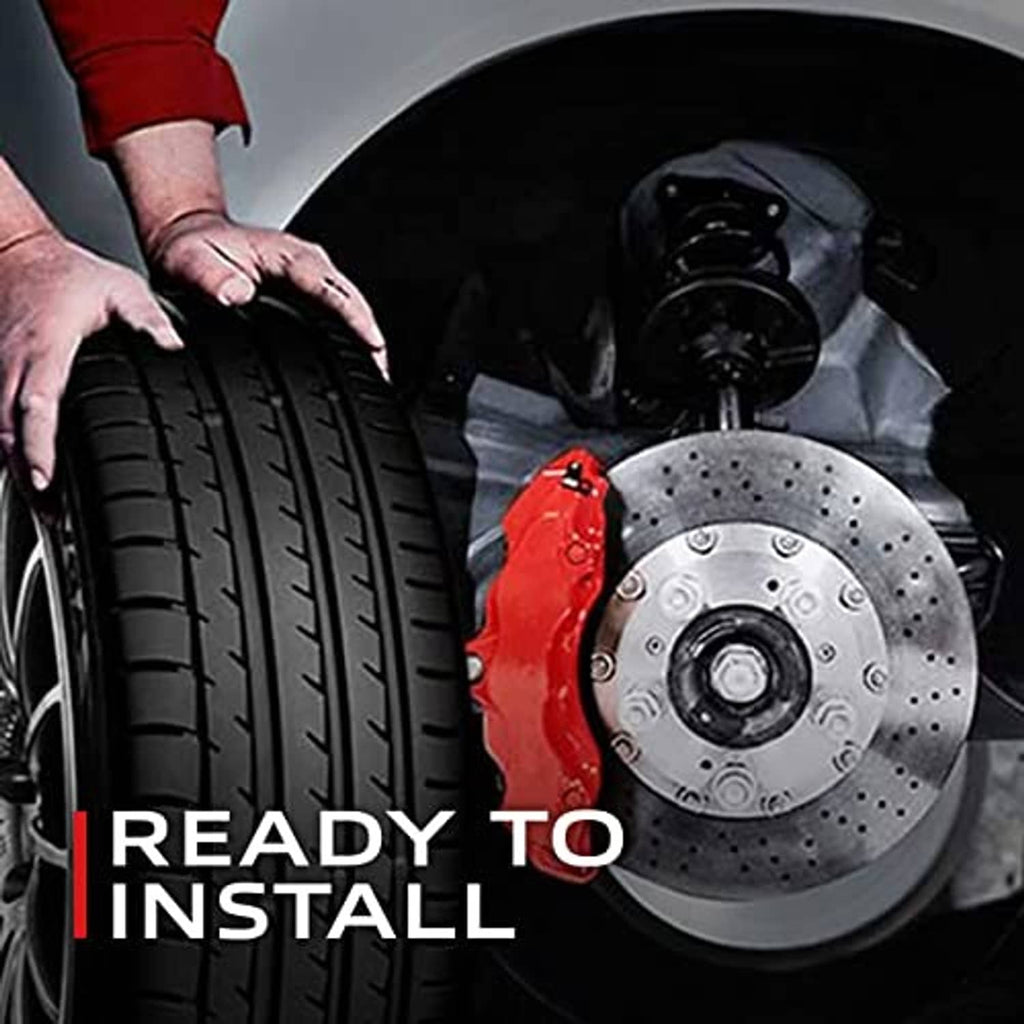 Rear brake system preview with red caliper and disc, ceramic pad set ready to install