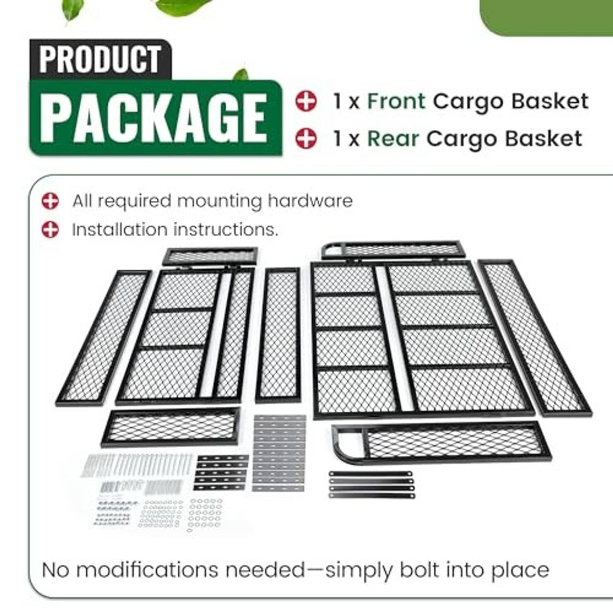Two-piece ATV cargo basket set with black mesh parts and included mounting hardware