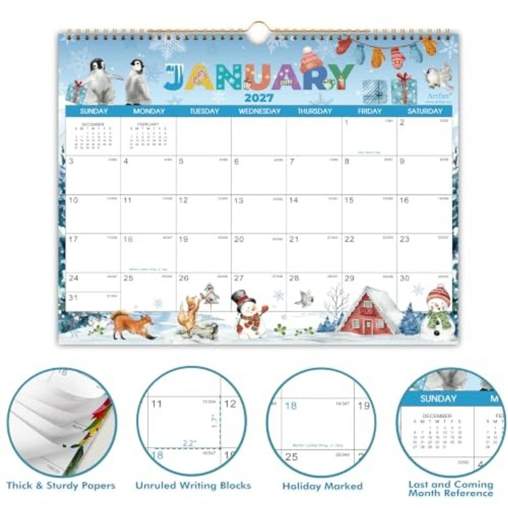 January wall calendar product photo with winter animals and four feature icons at bottom