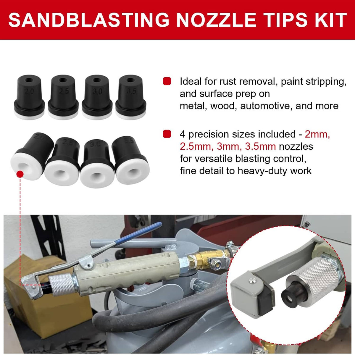 Sandblasting nozzle tips kit: four black tips with white ends, numbered 2mm to 3.5mm