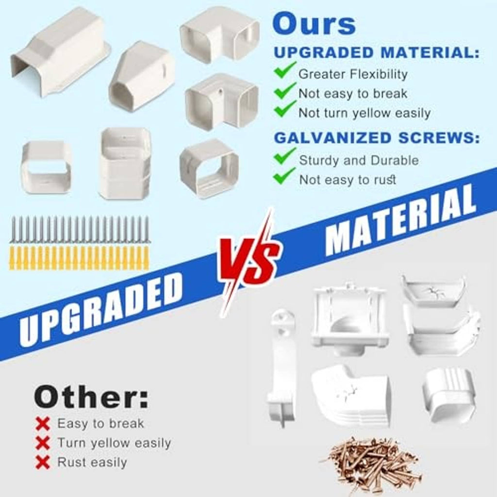 White PVC mini split line set cover components with screws and flexible corrugated duct