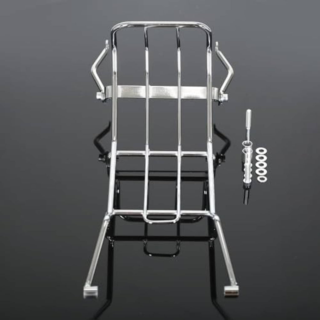 Chrome rear luggage rack carrier with upright bars, black base, and mounting hardware