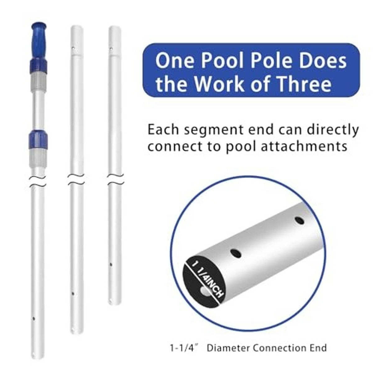 Telescopic pool pole with connection end and blue locking collars, three-piece view