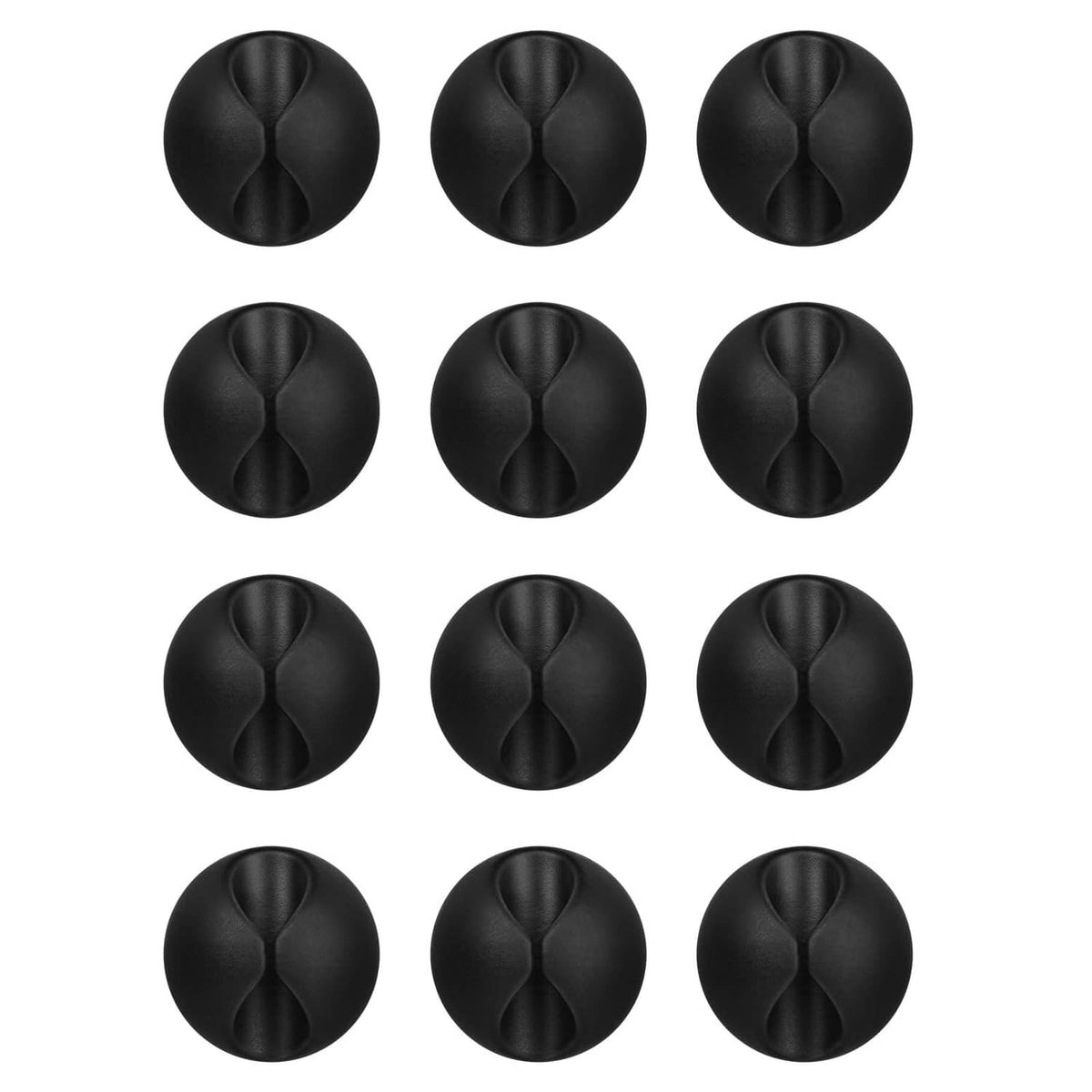 Set of black round adhesive cord holders with curved cable grooves (12 pack)