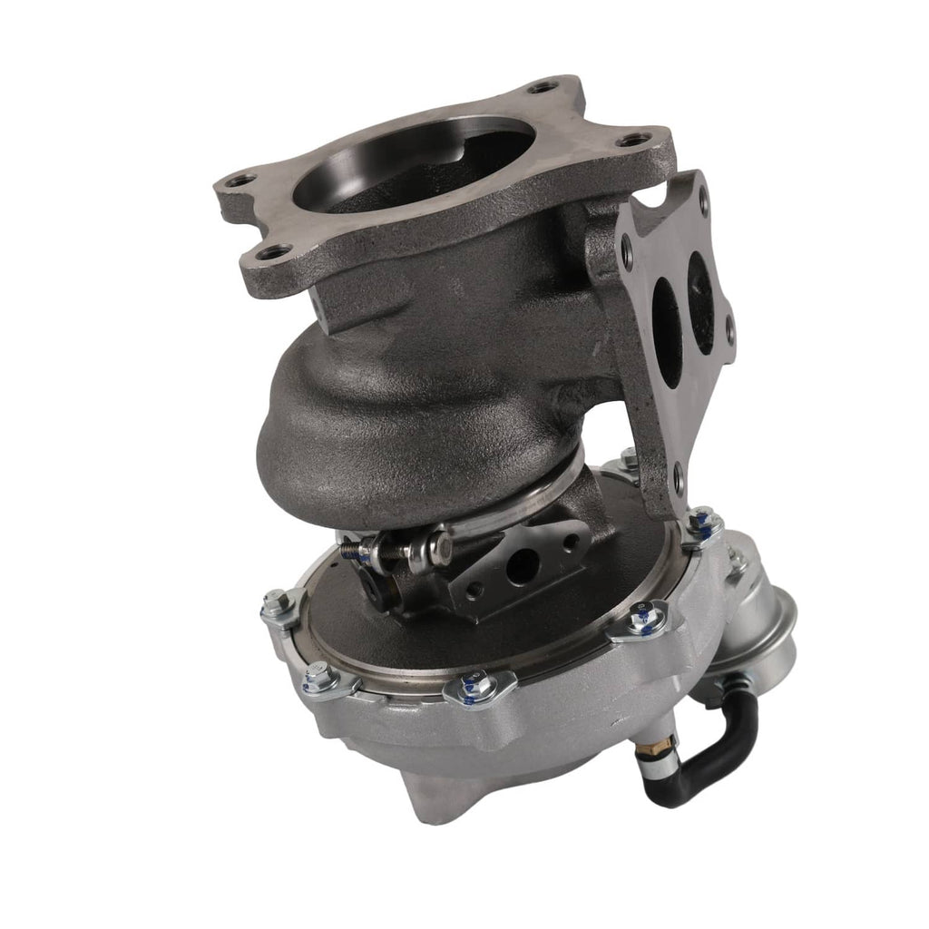Turbocharger assembly with cast turbine housing, compressor flange, and silver oil cap