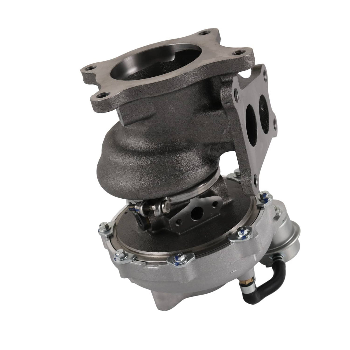 Turbocharger assembly with cast turbine housing, compressor flange, and silver oil cap