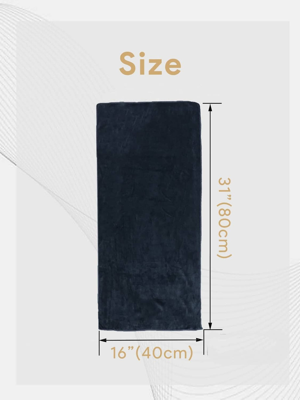 Navy microfiber dog towel size diagram, 16 x 40 cm