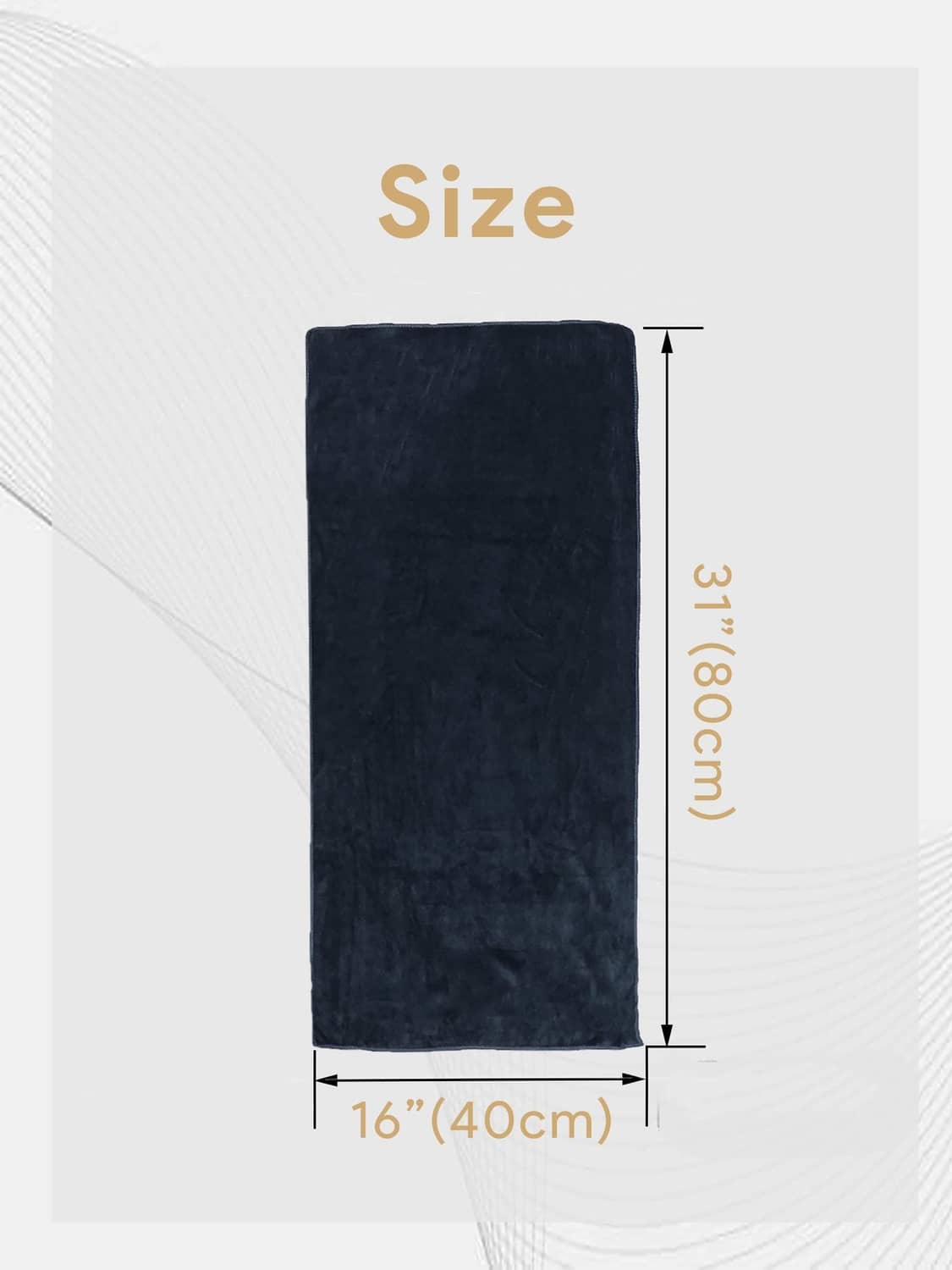 Navy microfiber dog towel size diagram, 16 x 40 cm