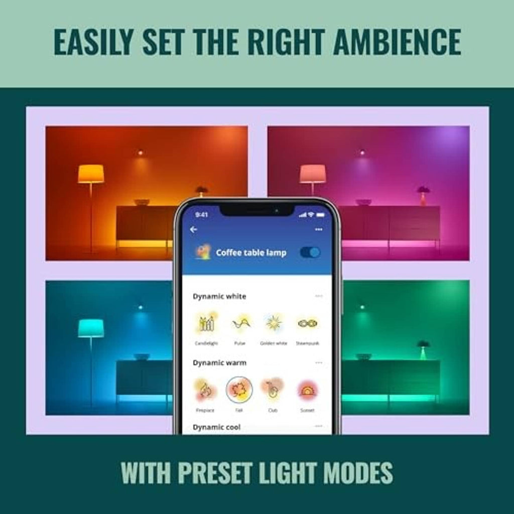 Smart A19 LED bulb app graphic with preset light modes selection