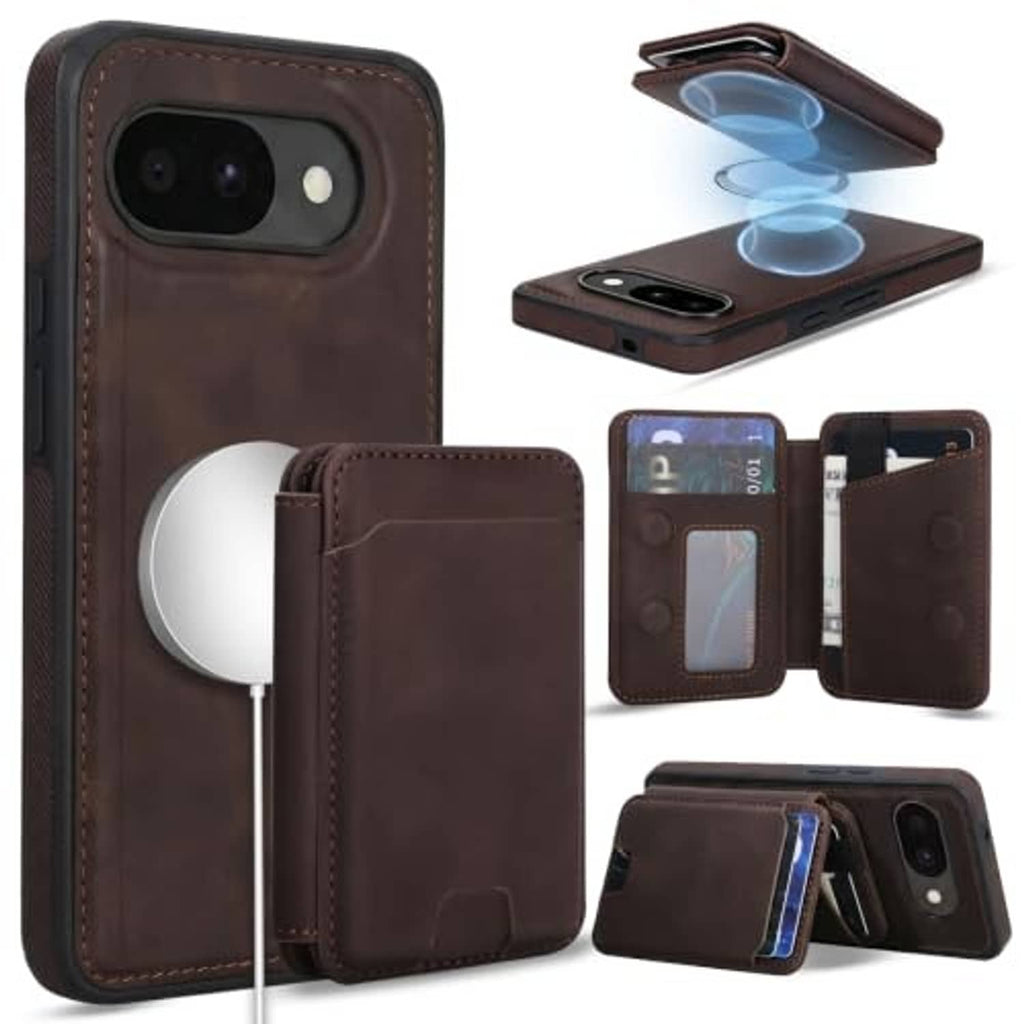 Vintage brown phone wallet case with detachable card holder and magnetic closure