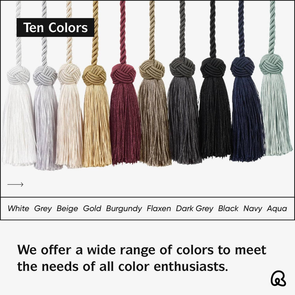 Tassel curtain tiebacks in multiple colors, including black, with braided ball loops
