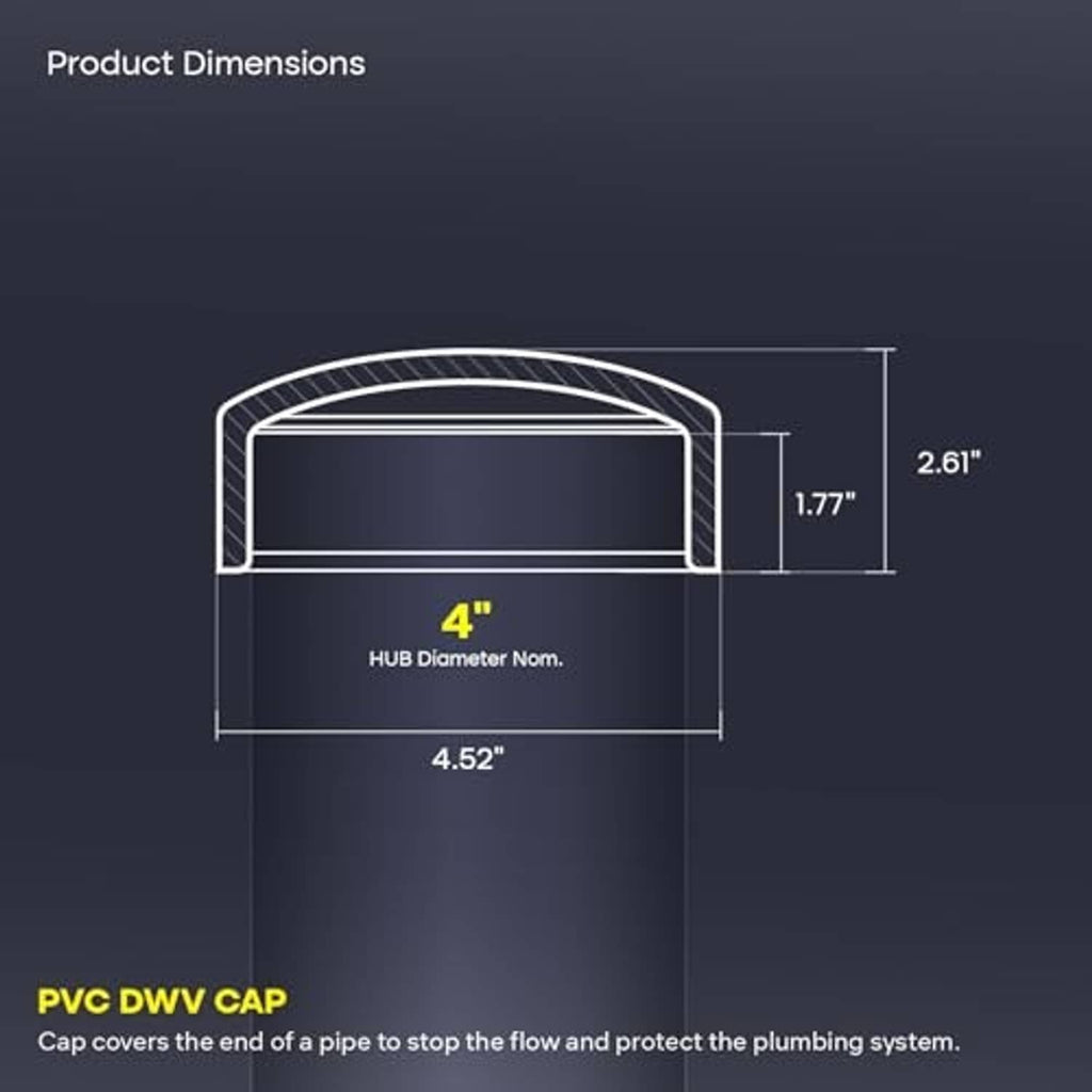 PVC DWV cap hub end fitting diagram with 4 inch size dimensions